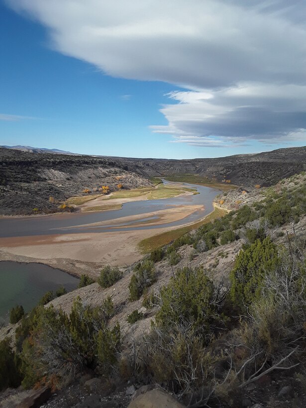 COCHITI LAKE, N.M. – A sediment bar at the upper portion of the lake is seen in this photo taken Nov. 8, 2018. Photo by Marcos Rosacker. This 2018 photo drive entry placed first based on employee voting.