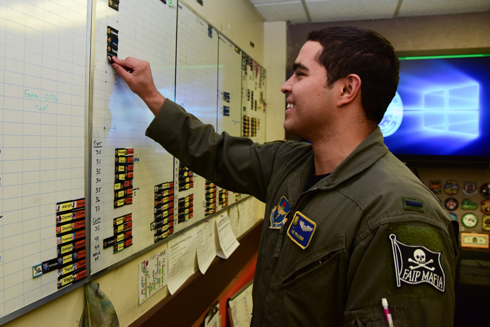 1st Lt. Alexander Frazier, 85th Flying Training Squadron T-6A instructor pilot and flight scheduler, plans his student’s flight schedule Nov. 19, 2018, at Laughlin Air Force Base, Texas. Frazier was chosen by wing leadership to be the “XLer” of the week, for the week of Nov. 5, 2018, at Laughlin Air Force Base, Texas. (U.S. Air Force photo by Airman 1st Class Marco A. Gomez)