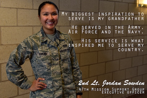 Second Lieutenant Jordan Sowden, 47th Mission Support Group executive officer, is working toward a 20 year career in the U.S. Air Force. As this week’s Airman Spotlight, Sowden discussed what she heard about military culture and how she’s discovering what that means to her and what she’s learning from Laughlin Air Force Base, Texas. (U.S. Air Force graphic by Senior Airman Benjamin Valmoja)