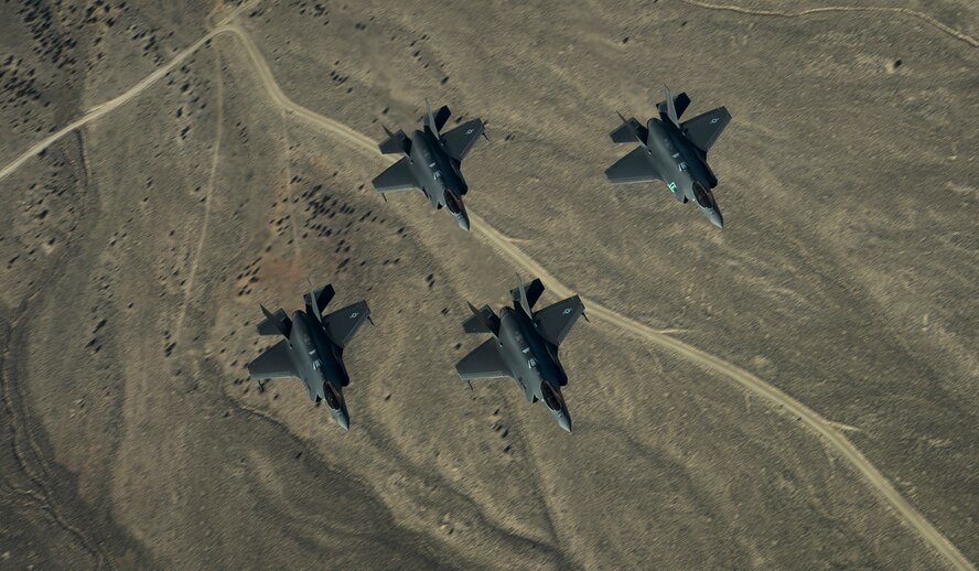 A formation of 35 F-35A Lightning IIs, from the 388th and 419th Fighter Wings fly over the Utah Test and Training Range as part of a combat power exercise on Nov. 19, 2018. The exercise aims to confirm their ability to quickly employ a large force of jets against air and ground targets, and demonstrate the readiness and lethality of the F-35. As the first combat-ready F-35 units in the Air Force, the 388th and 419th FW at Hill Air Force Base, Utah, are ready to deploy anywhere in the world at a moment's notice. (U.S. Air Force photo by Staff Sgt. Andrew Lee)