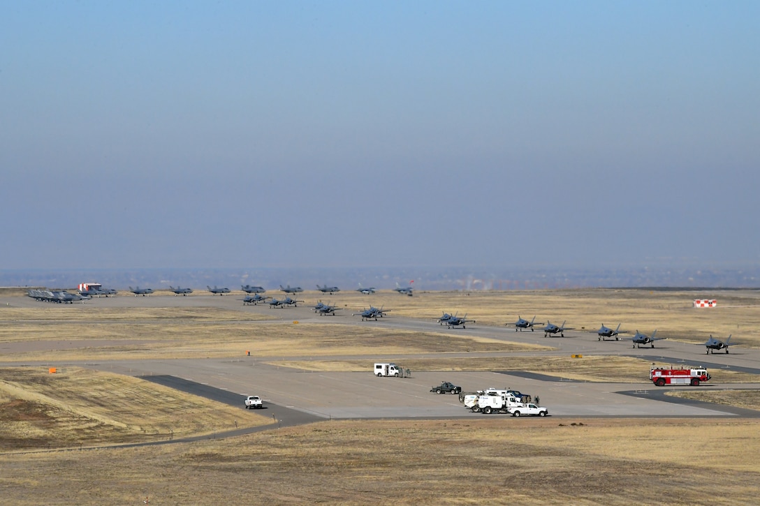 F-35A pilots from the 388th and 419th Fighter Wing taxi as they prepare for takeoff prior to a combat power exercise at Hill Air Force Base, Utah. The exercise aims to confirm their ability to quickly employ a large force of jets against air and ground targets, and demonstrate the readiness and lethality of the F-35 Lightning II. As the first combat-ready F-35 units in the Air Force, the 388th and 419th FWs are ready to deploy anywhere in the world at a moment’s notice. (United States Air Force photo/Todd Cromar)