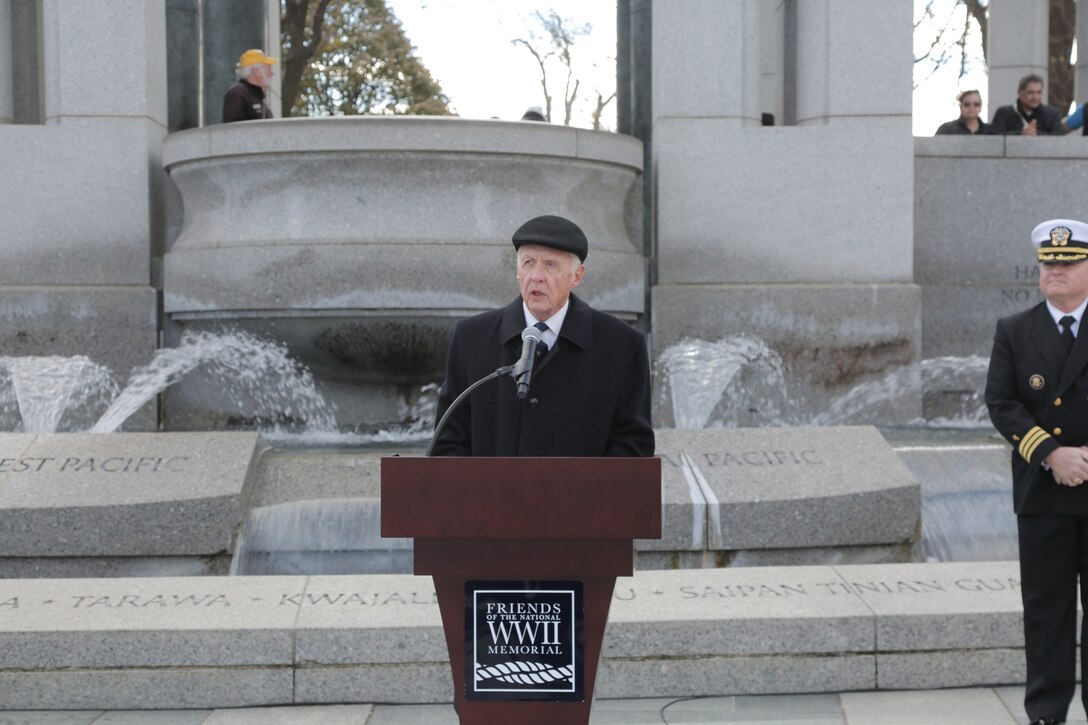 On Nov. 20, 2018 a trumpet player from "The President's Own" U.S. Marine Band performed for the ceremony and wreath presentation at the World War II Memorial’s Pacific Arch to mark the 75th anniversary of the Battle of Tarawa. The 1943 U.S. amphibious landing at the heavily fortified, Japanese-held island of Betio in the Tarawa Atoll in the Gilbert Islands was “the toughest battle in Marine Corps history” according to onecombat correspondent. (U.S. Marine Corps photo by Master Sgt. Kristin duBois/released)