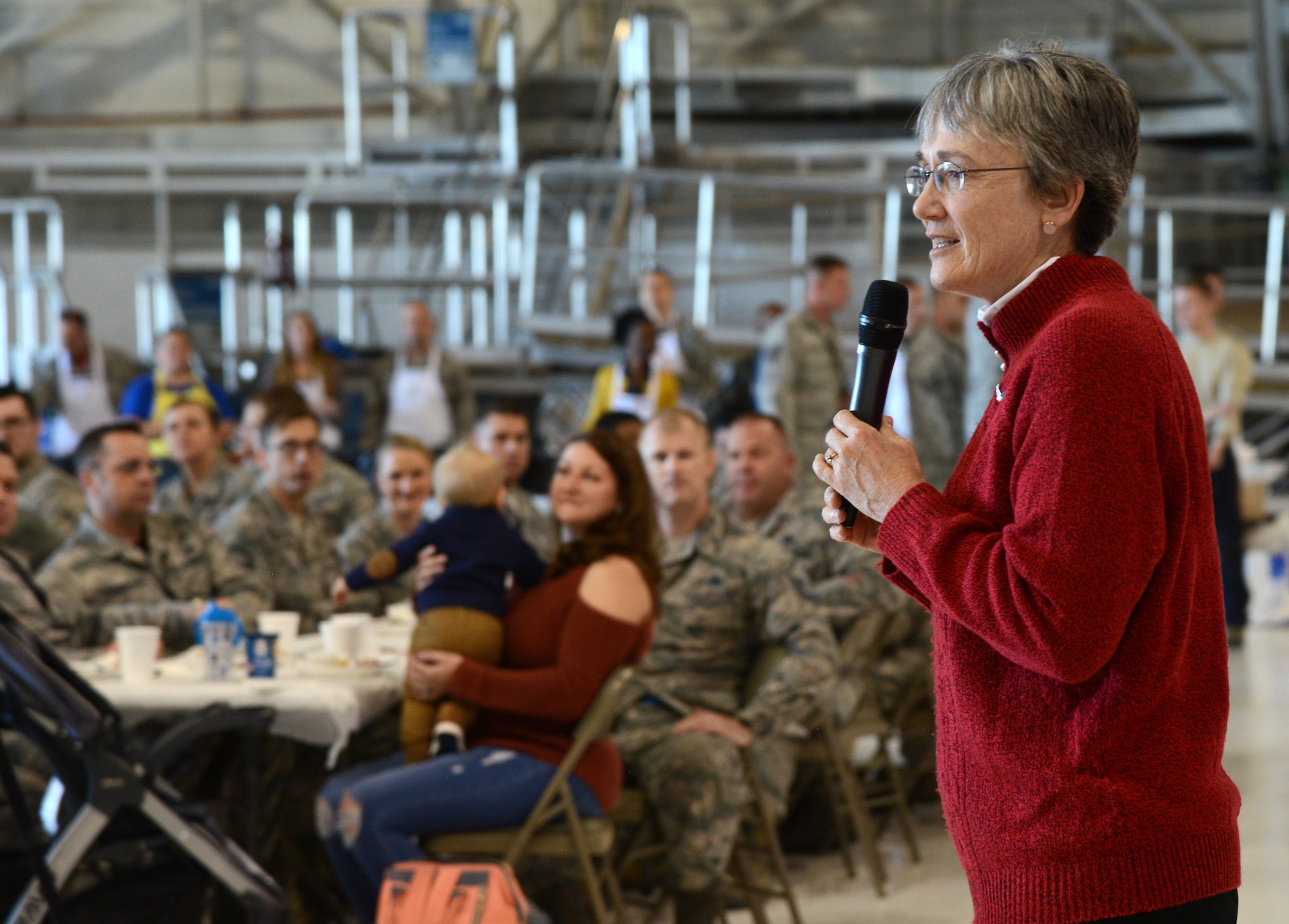 Secretary of the Air Force Heather Wilson thanked members of the 552nd Air Control Wing and their families for their service during their Thanksgiving Reception Nov. 16. Wilson toured several locations around Tinker during her visit, including the KC-135 programmed depot maintenance line, the Maintenance Repair and Overhaul Technical Center, the 76th Software Maintenance Group and the Reverse Engineering and Critical Tooling Lab. She was also given an overview of the KC-46A complex, the B-1 Integrated Battle Station modification and was able to help serve lunch for the 552nd ACW.
