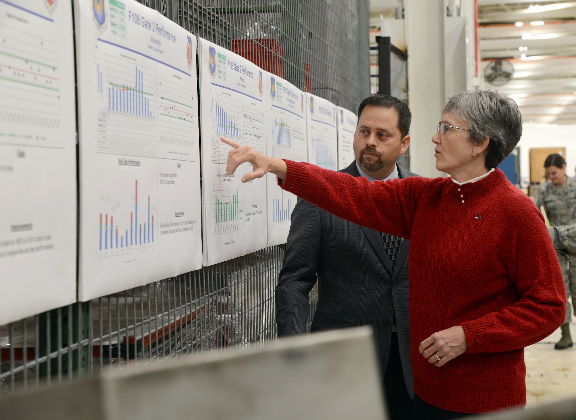 Secretary of the Air Force Heather Wilson asks Blake Johnson, 546th Propulsion Maintenance Squadron, questions about the F108 gated process during her visit to Tinker Air Force Base Nov. 16. The F108 engine line production has achieved Art of the Possible success.