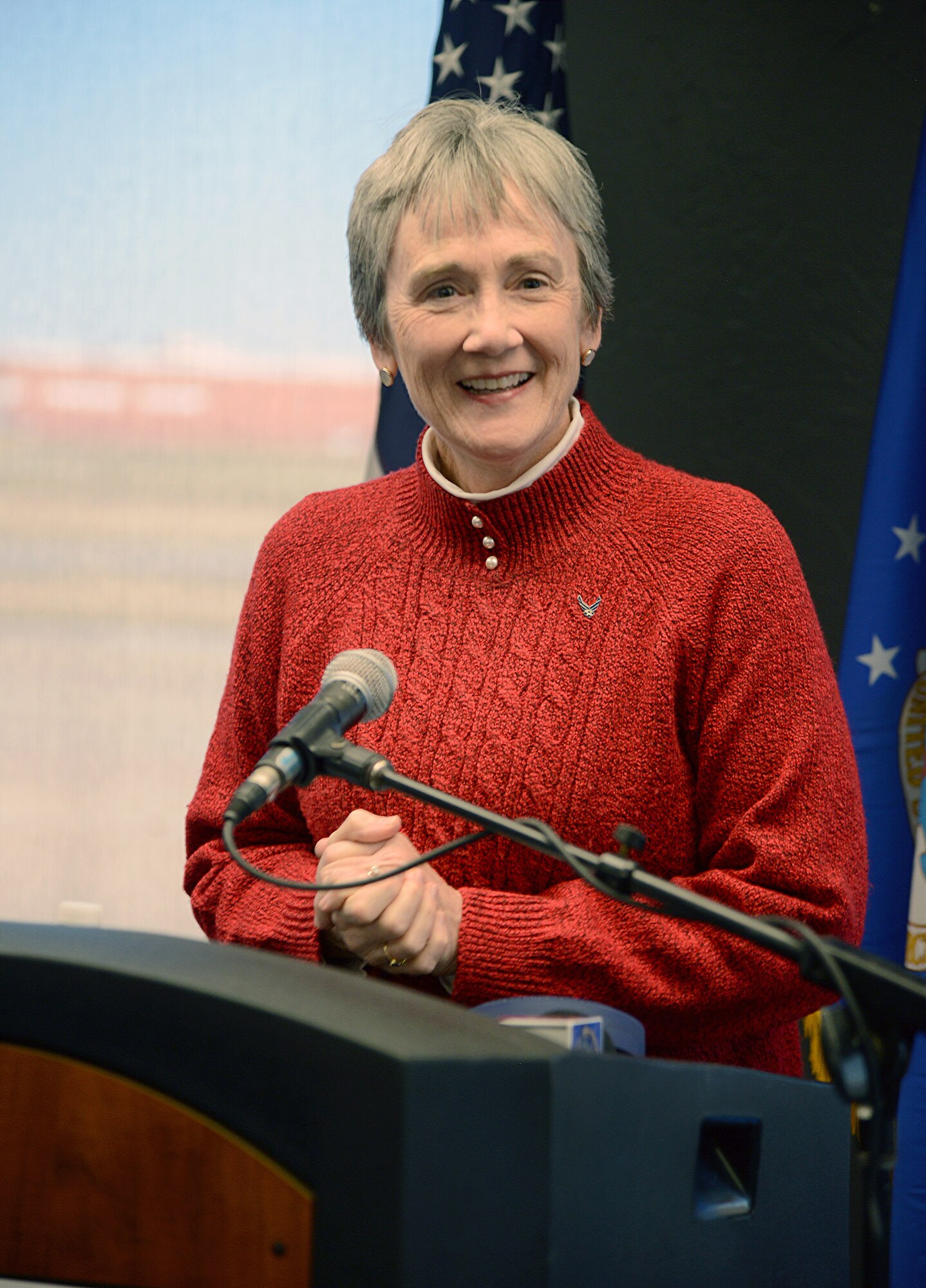 During her visit Nov. 16, Secretary of the Air Force Heather Wilson announced that Tinker Air Force Base has been chosen as the future site for depot maintenance and sustainment of the B-21 Raider, the next generation long-range strike bomber. Wilson is shown at the podium during the announcement.