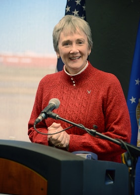 During her visit Nov. 16, Secretary of the Air Force Heather Wilson announced that Tinker Air Force Base has been chosen as the future site for depot maintenance and sustainment of the B-21 Raider, the next generation long-range strike bomber. Wilson is shown at the podium during the announcement.