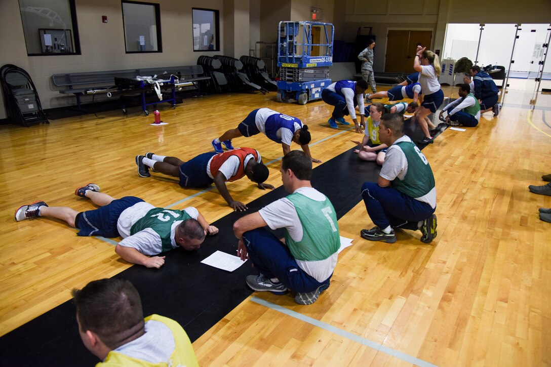 Airmen from the 913th Airlift Group undergo their physical fitness assessment on Nov. 4, 2018, at Little Rock Air Force Base, Ark. The Air Force Fitness Program goal is to motivate Airmen to participate in a year-round physical conditioning program that emphasizes total fitness, to include proper aerobic conditioning, strength and flexibility training and healthy eating. (U.S. Air Force photo by Senior Airman Nathan Byrnes)