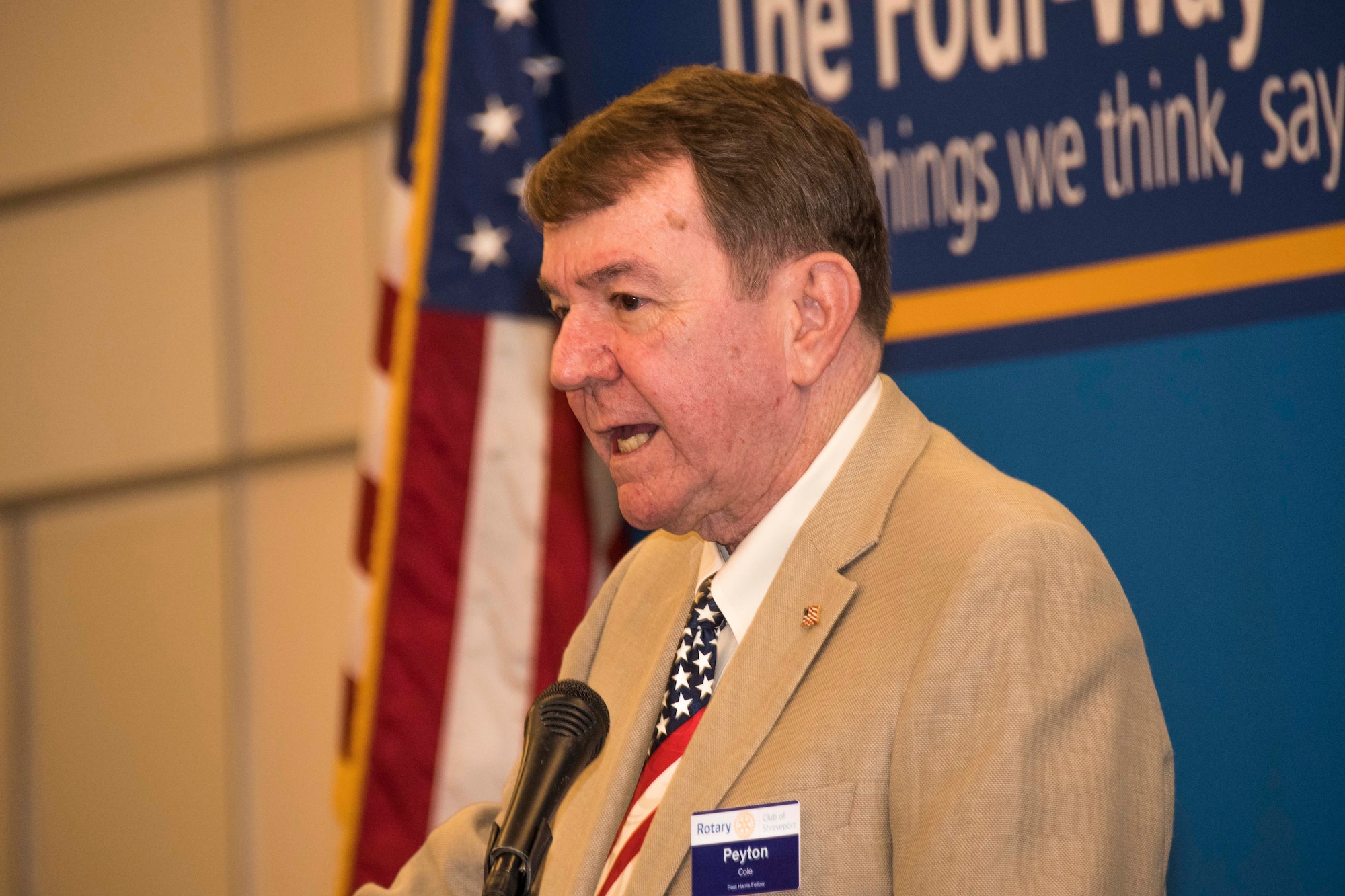 Retired U.S. Air Force Brig. Gen. Peyton Cole, introduces Col. Courtney Hamilton, 307th Bomb Wing vice-commander, to the Rotary Club of Shreveport, Louisiana, Nov. 20, 2018.  Cole is a past commander of the 2nd BW at Barksdale Air Force Base, Louisiana. The local Rotarians invited Hamilton to speak at their annual Veterans Day Program.  (U.S. Air Force photo by Master Sgt. Ted Daigle)