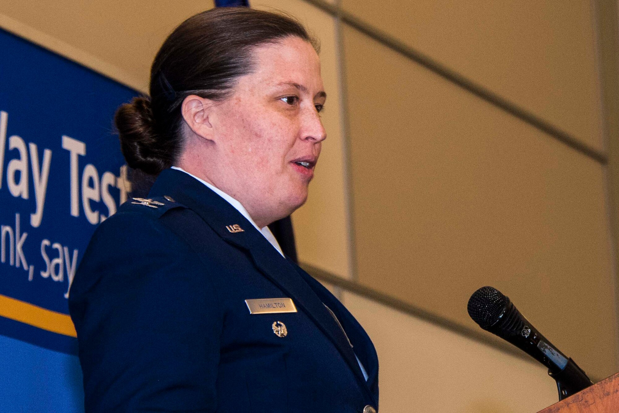 U.S. Air Force Col. Courtney Hamilton, 307th Bomb Wing vice commander, addresses the Rotary Club of Shreveport, Louisiana during their Veterans Day luncheon, Nov. 20, 2018.  Hamilton spoke to them about the mission of the Air Force Reserve and the importance of employer support for Reserve Citizen Airman.  (U.S. Air Force photo by Master Sgt. Ted Daigle)