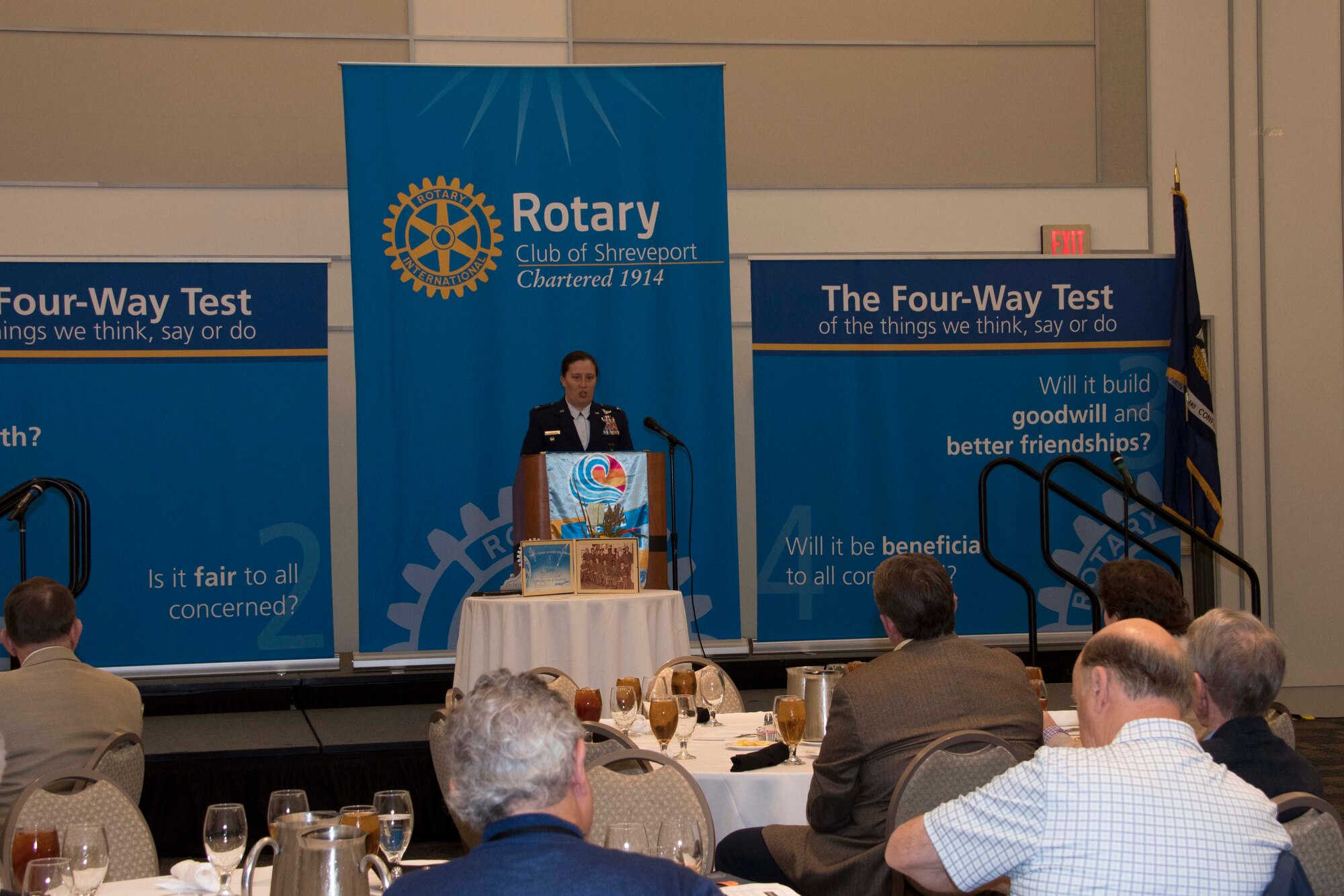 U.S. Air Force Col. Courtney Hamilton, 307th Bomb Wing vice commander, speaks about the mission of the unit to local Rotarians in Shreveport, Louisiana, Nov. 20, 2018.  In her address, Hamilton thanked the local community for their ongoing support of the military.  She also addressed the special demands placed on Reserve Citizen Airmen, who must juggle both a civilian and military career.  Hamilton explained the active-duty is reliant upon the Air Force Reserve to fulfill its mission both stateside and overseas and that Reserve Citizen Airmen of today are working diligently to meet those needs.   (U.S. Air Force photo by Master Sgt. Ted Daigle