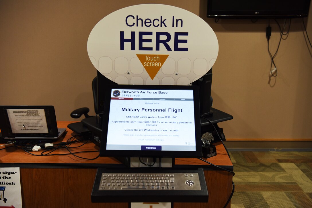 The new 28th Force Support Squadron military personnel flight kiosk sits outside of the MPF office at Ellsworth Air Force Base, S.D., Nov. 13, 2018. The new kiosk was paid for by the Air Force Squadron Innovation Fund, a fund dedicated to making new Airmen initiatives happen. (U.S. Air Force photo by 2nd Lt. Joshua C. Sinclair)