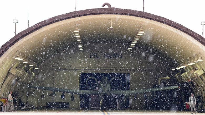 An A-10 Thunderbolt II waits in a hangar for weather to clear at Osan Air Base, Republic of Korea, Oct. 20, 2018.