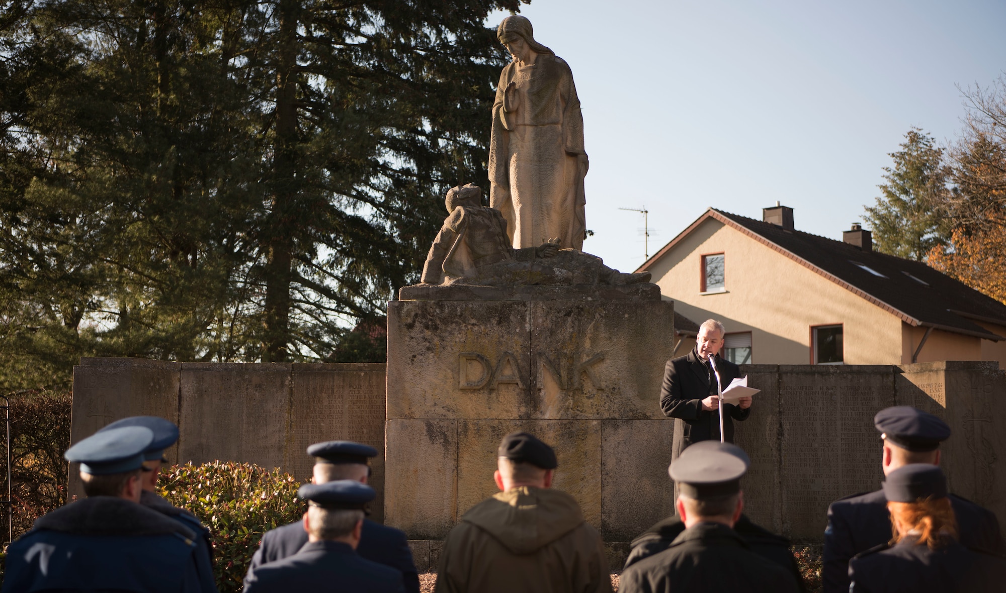 Ralf Hechler, Ramstein-Miesenbach mayor, gives a speech on Germany’s National Day of Mourning in Ramstein-Miesenbach, Nov. 18, 2018. The German National Day of Mourning honors all victims of war and persecution, and is the German equivalent of America’s Memorial Day. (U.S. Air Force photo by Airman 1st Class Kristof J. Rixmann)