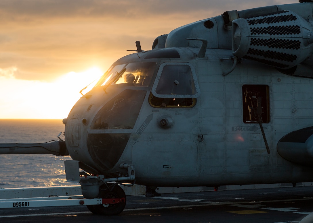 A U.S. Marine Corps CH-53E Super Stallion with Heavy Marine Corps Helicopter Squadron 462, Special Purpose Marine Air-Ground Task Force - Peru, stands ready for flight operations aboard the San Antonio-class amphibious transport dock ship USS Somerset in the Pacific Ocean, Nov. 16, 2018. The goal of SPMAGTF-Peru is to conduct humanitarian assistance and disaster relief training with Peruvian naval forces to improve the interoperability between the U.S. and Peru. The deployment is the latest in a long line of humanitarian assistance-themed events U.S. service members have conducted with their Peruvian counterparts.