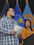 Pine Creek Indian Reservation Cultural Events Coordinator Danielle Pfeifer and Potawatomi Culture Specialist Kevin Harris II speak to DLA personnel during the Battle Creek site's Native American Heritage Month observation Nov. 8.