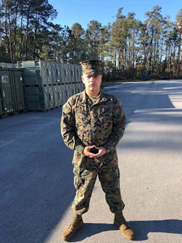 Pfc. David Barrett, a Navajo from Warsaw, Indiana and warehouse clerk with CLR-25 HQ, Camp Lejeune, North Carolina