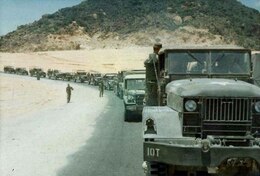 SAIGON, Vietnam - The 1st Logistical Command 379th Transportation Company line up in a convoy to deliver food and ammo to the Soldiers on the frontlines, circa 1969. The trucks, known as the minesweepers ran ahead of the group, providing logistical support against the North Vietnamese Communist regime. (U.S. Army photo courtesy of the 379th Soldiers)