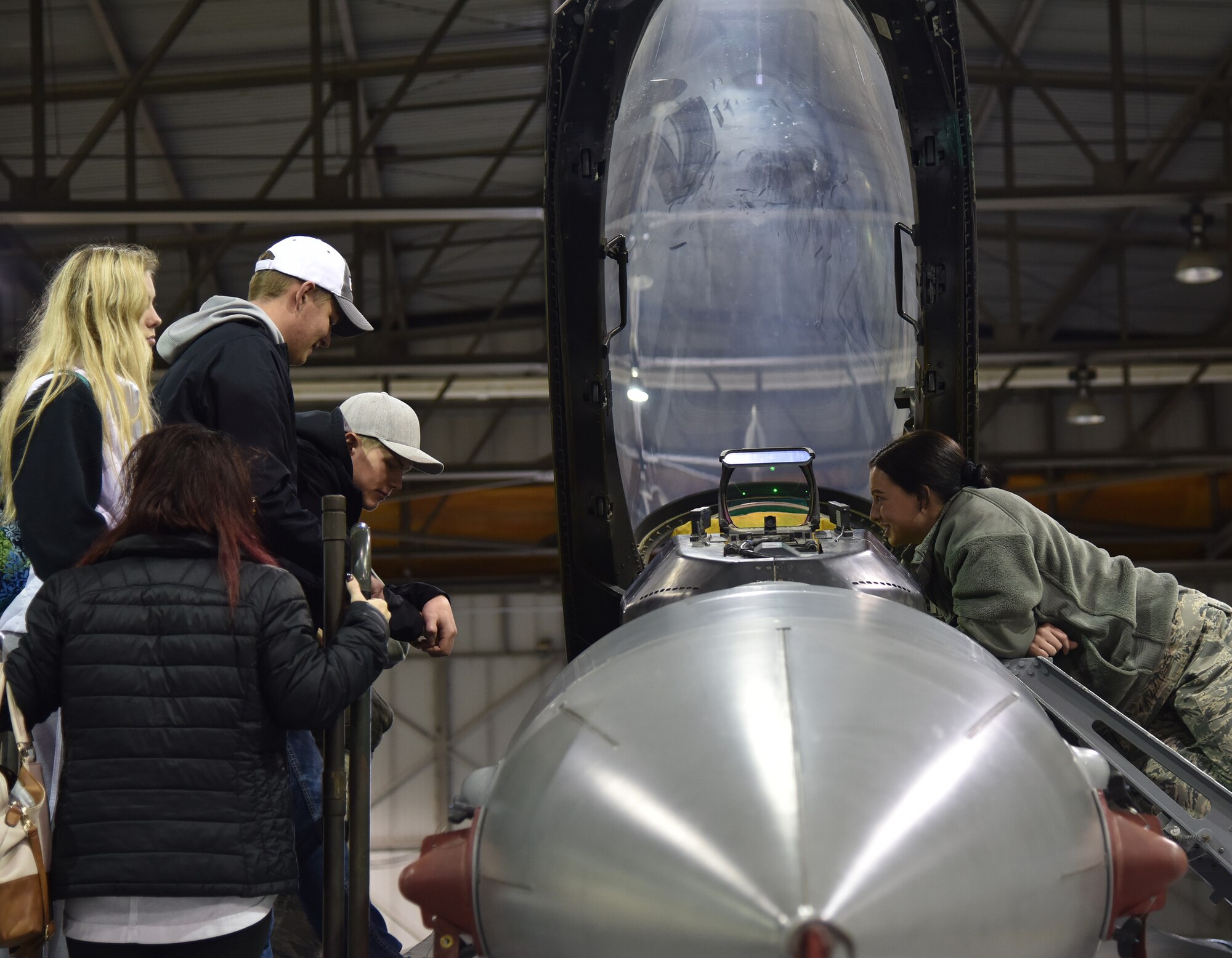Attendees at the South Dakota Air National Guard career day were shown several areas of the unit that might be of interest to them including getting a close-up view of the cockpit of an F-16 Fighting Falcon.