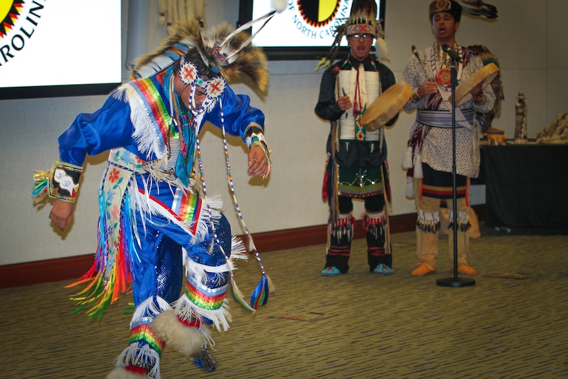 Stevie Lowry, a member of the Lumbee Tribe of North Carolina, dances the “Men’s Grass Dance” at U.S. Army Central’s National American Indian Heritage Month observance on Nov. 15, 2018 at Patton Hall on Shaw Air Force Base, S.C. The Lumbee tribe is comprised of 55,000 members and is the largest tribe in North Carolina.