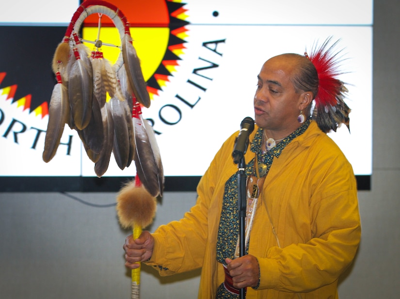 Reggie Brewer, a member of the Lumbee Tribe of North Carolina, displays traditional artifacts at U.S. Army Central’s National American Indian Heritage Month observance Nov. 15, 2018, at Patton Hall on Shaw Air Force Base, S.C. November is designated National American Indian Heritage Month, honoring American Indian and Alaska Natives.