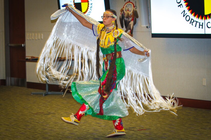 Jasmine Jacobs, a member of the Lumbee Tribe of North Carolina, dances the “Women’s Fancy Dance” at U.S. Army Central’s National American Indian Heritage Month observance Nov. 15, 2018, at Patton Hall on Shaw Air Force Base, S.C. The Lumbee tribe comprises 55,000 members and is the largest tribe in North Carolina.