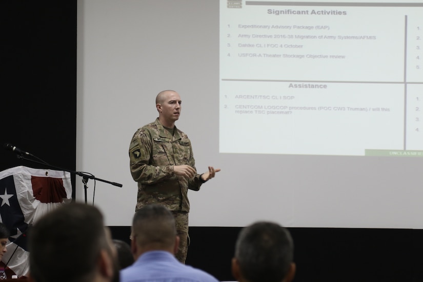 CW2 Andrew Welch, a Food Service Technician with the 101st Resolute Support Sustainment Brigade based in Bagram, Afghanistan, presented some of the challenges and accomplishments his dining facility locations face currently during the Food Service Management Board, Nov. 5-7, here.