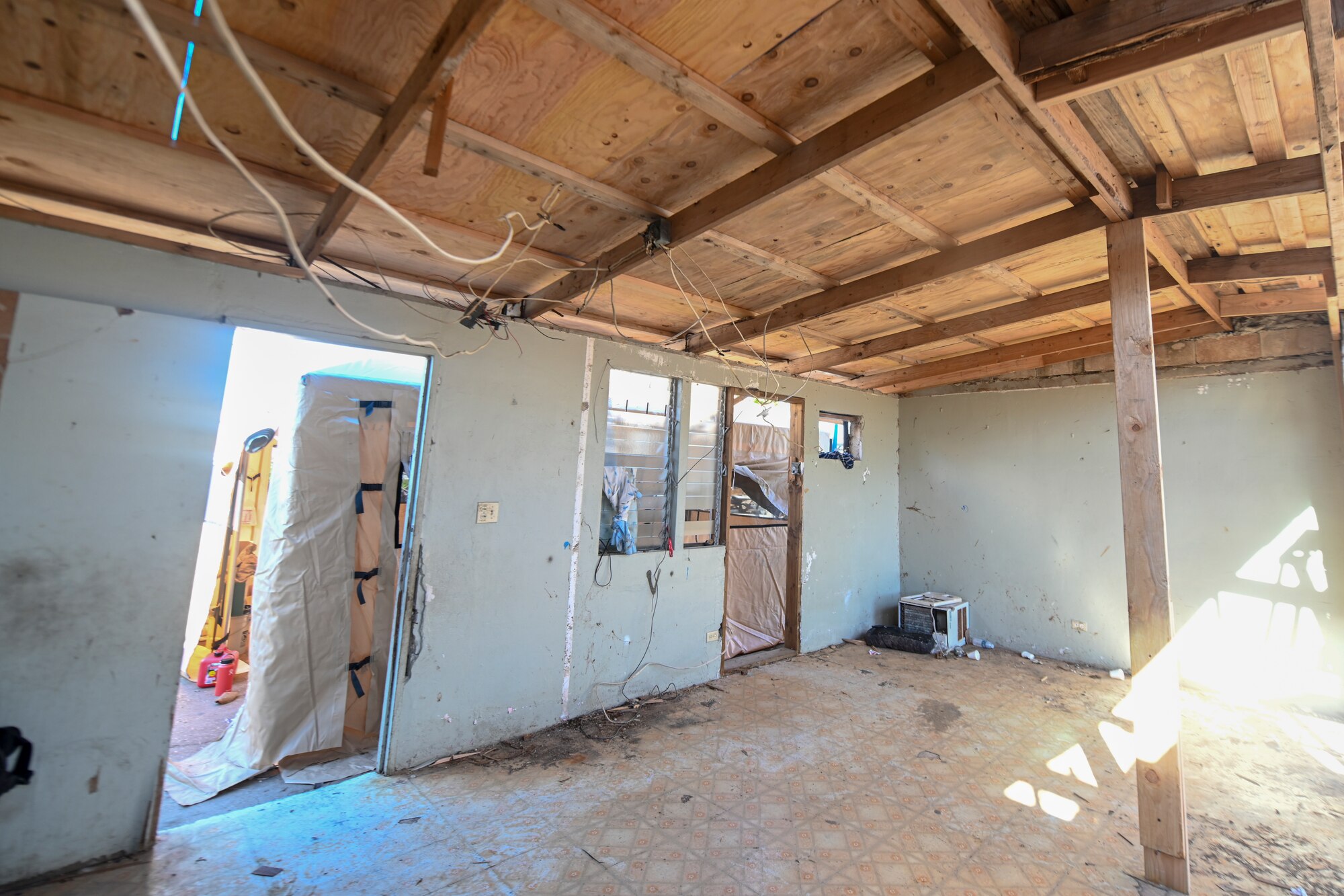 The interior view of a newly installed temporary roof of a home in the village of Koblerville, Saipan, Commonwealth of Northern Mariana Islands, Nov. 20, 2018.
