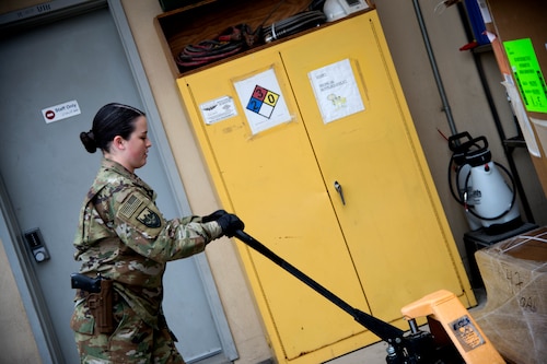 U.S. Air Force Senior Airman Molly Winters works in the medical logistics section at the Craig Joint Theater Hospital at Bagram Aifield, Afghanistan.