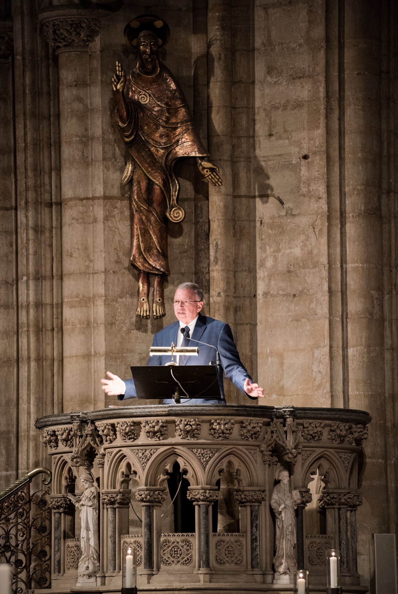 Maj. Gen. Steven Shaick, U.S. Air Force chief of chaplains, speaks to U.S. Airmen from RAF Mildenhall and RAF Lakenheath during the annual Thanksgiving Eve service at Ely Cathedral, England, Nov. 21, 2018. Other attendees included family members, Ministry of Defence employees, and locals of East Anglia, who listened to Chaplain Shaick's speech about giving thanks. (U.S. Air Force photo by Senior Airmen Kelly O'Connor)