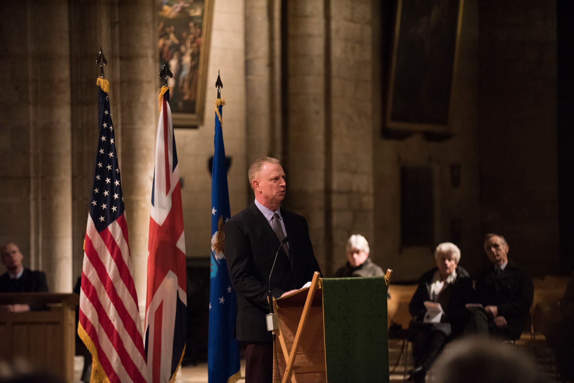 Chaplain (Lt. Col.) Russ Ragon, 100th Air Refueling Wing chaplain, speaks to U.S. Airmen from RAF Mildenhall and RAF Lakenheath during the annual Thanksgiving Eve service at Ely Cathedral, England, Nov. 21, 2018.  The service is a tradition that dates back to WWII, when the British first invited their American allies to celebrate the U.S. holiday in the U.K. (U.S. Air Force photo by Senior Airmen Kelly O'Connor)