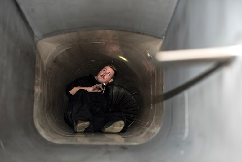 A maintainer assigned to the 493rd Aircraft Maintenance Unit checks the intakes of an F-15C Eagle assigned to the 493rd Fighter Squadron Nov. 21, 2018, to prepare it for sorties in support of the NATO Tactical Leadership Programme 18-4 at Amendola Air Base, Italy. F-15C Eagles and an F-15D Eagle will be participating in the NATO Tactical Leadership Programme 18-4. With over four decades of history, TLP has become the focal point for NATO’s Allied Air Forces tactical training, developing knowledge and leadership skills, necessary to face today's air tactical challenges. (U.S. Air Force photo/ Senior Airman Malcolm Mayfield)