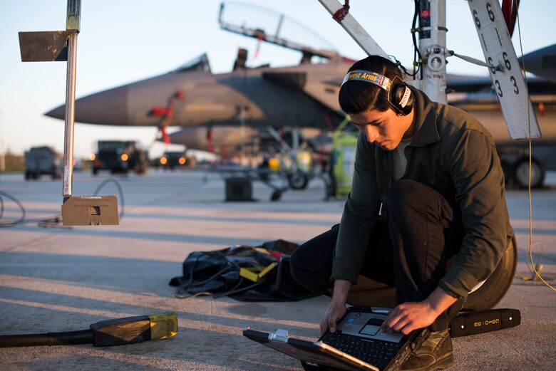 A maintainer assigned to the 493rd Aircraft Maintenance Unit looks through his technical orders while conducting maintenance on an F-15C Eagle assigned to the 493rd Fighter Squadron Nov. 21, 2018, to prepare it for sorties in support of the NATO Tactical Leadership Programme 18-4 at Amendola Air Base, Italy. F-15C Eagles and an F-15D Eagle will be participating in the NATO Tactical Leadership Programme 18-4. With over four decades of history, TLP has become the focal point for NATO’s Allied Air Forces tactical training, developing knowledge and leadership skills, necessary to face today's air tactical challenges. (U.S. Air Force photo/ Senior Airman Malcolm Mayfield)