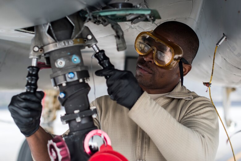 A maintainer assigned to the 493rd Aircraft Maintenance Unit refuels an F-15C Eagle assigned to the 493rd Fighter Squadron Nov. 21, 2018, to prepare it for sorties in support of the NATO Tactical Leadership Programme 18-4 at Amendola Air Base, Italy. F-15C Eagles and an F-15D Eagle will be participating in the NATO Tactical Leadership Programme 18-4. TLP has prepared hundreds of NATO and allied forces’ flight leaders to be mission commanders. (U.S. Air Force photo/ Senior Airman Malcolm Mayfield)