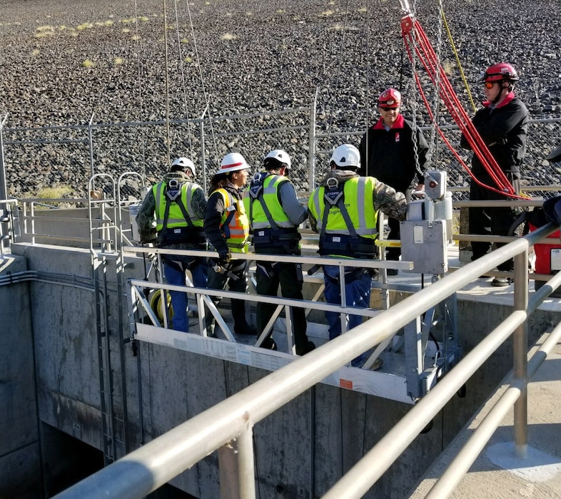 COCHITI DAM, N.M. – The inspection team prepares to conduct a Hydraulic Steel Structure Inspection of the three conduits, which measure approximately 1,354 feet in length, at the dam, Nov. 13, 2017. Photo by Tracy Wolf. This was a 2018 photo drive entry.