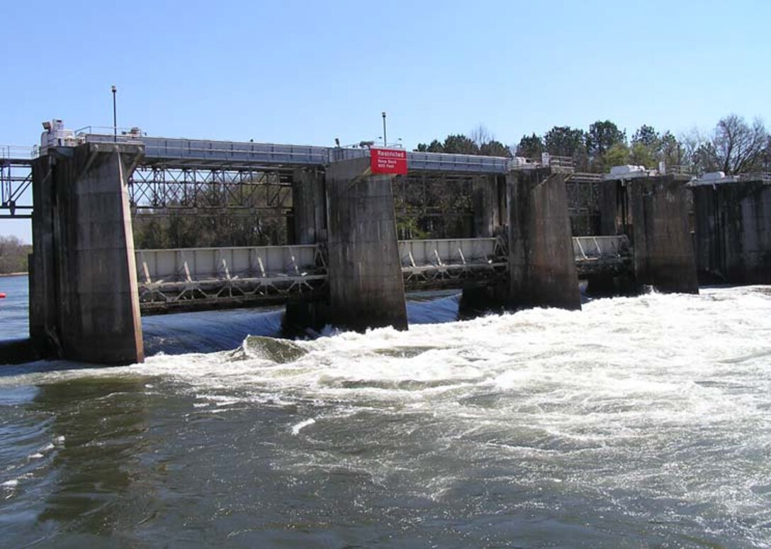 New Savannah Bluff Lock and Dam is shown during the pulse release. When flows in the Savannah exceed 16,000 cubic feet per second, the gates of the structure are raised, which scientists hypothesized would encourage fish passage through the structure.