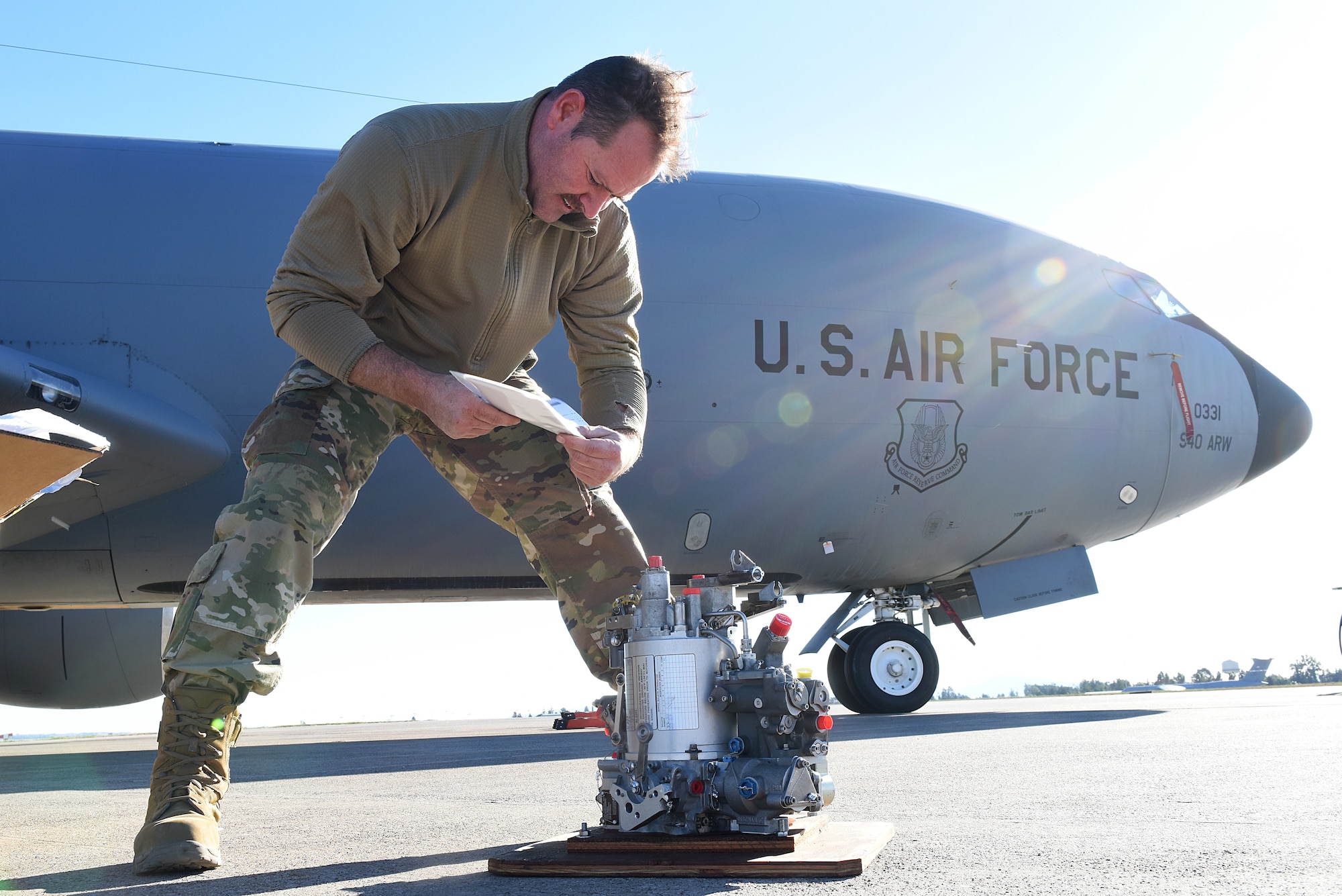 U.S. Air Force Staff Sgt. Eddie Culverhouse, 22nd Expeditionary Aircraft Maintenance Unit KC-135 Stratotanker jet engine mechanic, examines a new jet engine part at Incirlik Air Base, Turkey, Nov. 15, 2018.