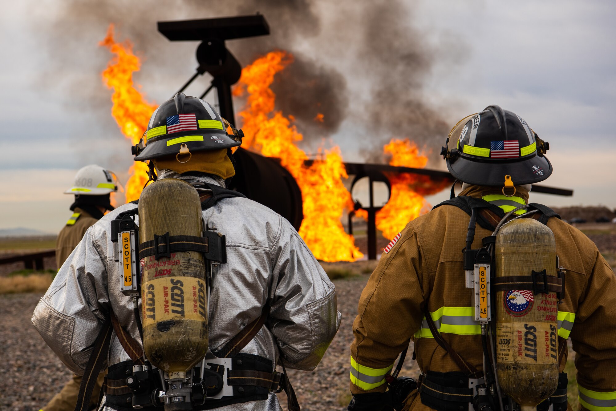 Firefighters from the 56th Civil Engineer Squadron and Gila Bend Air Force Auxiliary Field, prepare to participate in a joint aircraft and structural live fire training, Nov. 14, 2018 at Luke Air Force Base, Ariz.