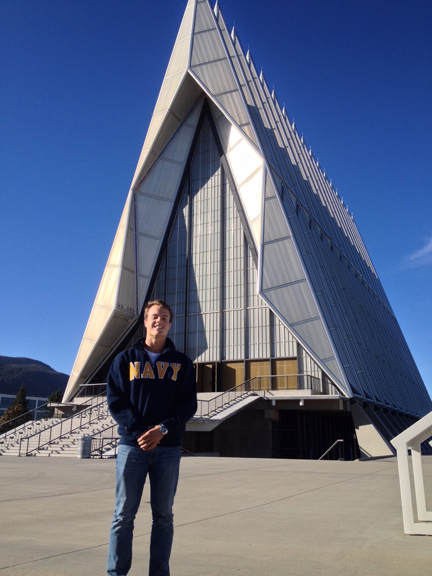 Then-prospective cadet, Ben Anderson, stands outside the United States Air Force Academy Cadet Chapel during a tour, Oct. 7, 2013. (Courtesy photo)