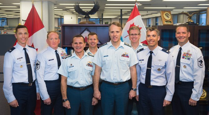 Members of the Revitalizing the Squadron team pose for a picture with Royal Canadian Air Force leadership in Ottawa, Ontario, Nov. 15, 2018. During a week-long workshop, Air Force members teamed with RCAF counterparts to discuss best practices and lessons learned for creating stronger squadrons in each service. (Courtesy photo by Royal Canadian Air Force Cpl Desiree T. Bourdon)