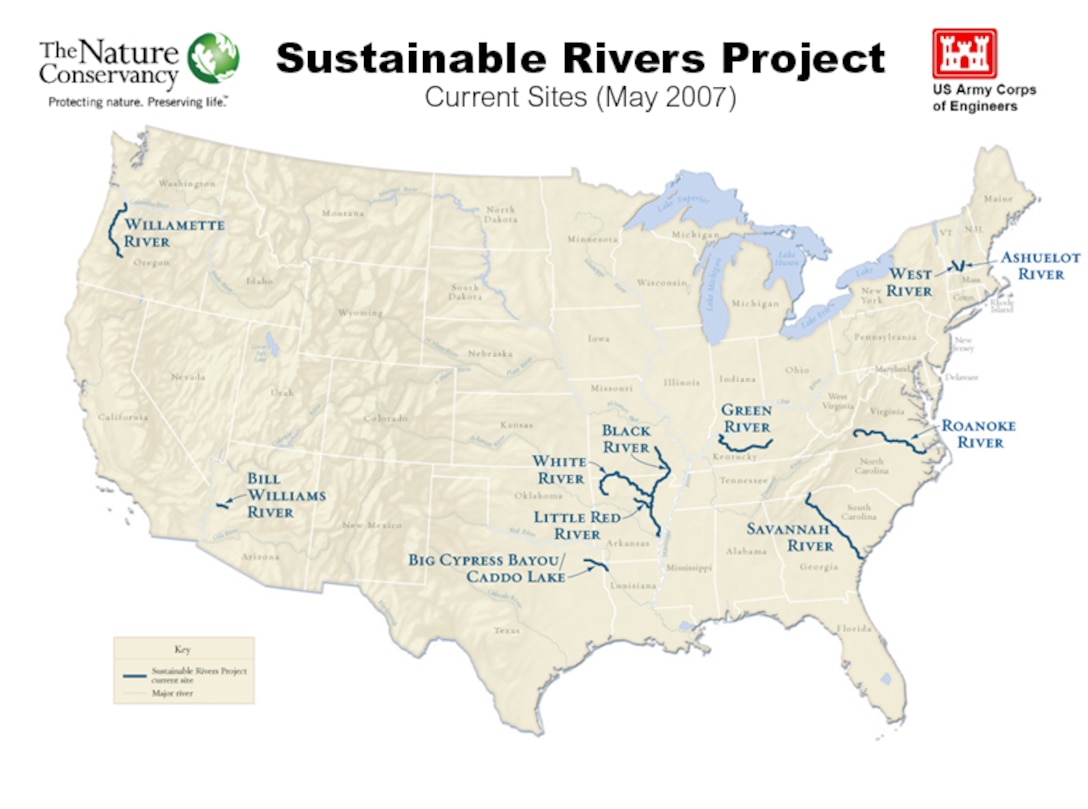 In 2007, there were nine river systems enrolled in the Sustainable River Program involving 26 USACE dams with additional dams and rivers under consideration.