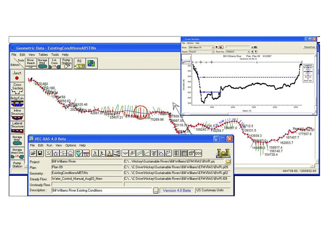 Figure 5. Main Interface (bottom), Geometric Data Editor (middle) and Cross Section View (top) of an HEC-RAS Application for the Bill Williams River, Arizona.