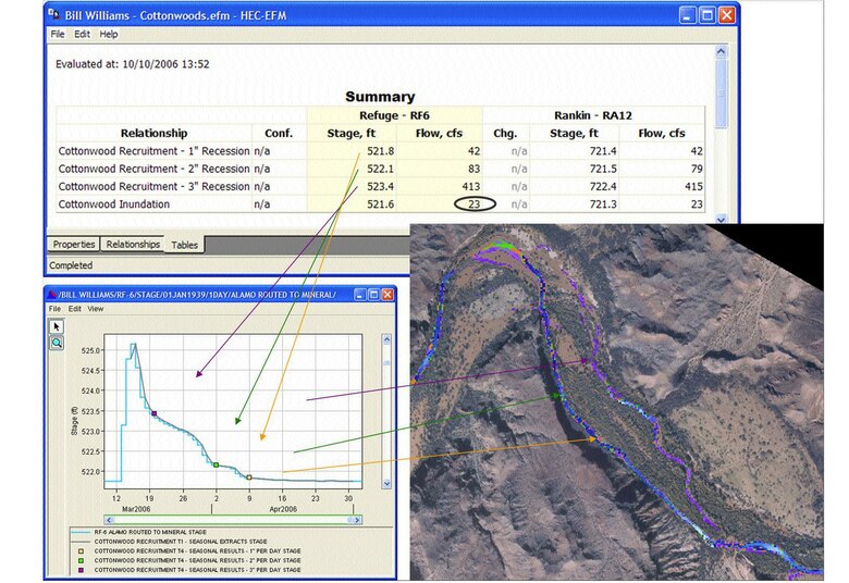 Figure 6. Figure shows an HEC-EFM Analysis of Simulated Cottonwood Establishment Produced by an Experimental Flow Release (bottom left) From Alamo Dam on the Bill Williams River, Arizona.