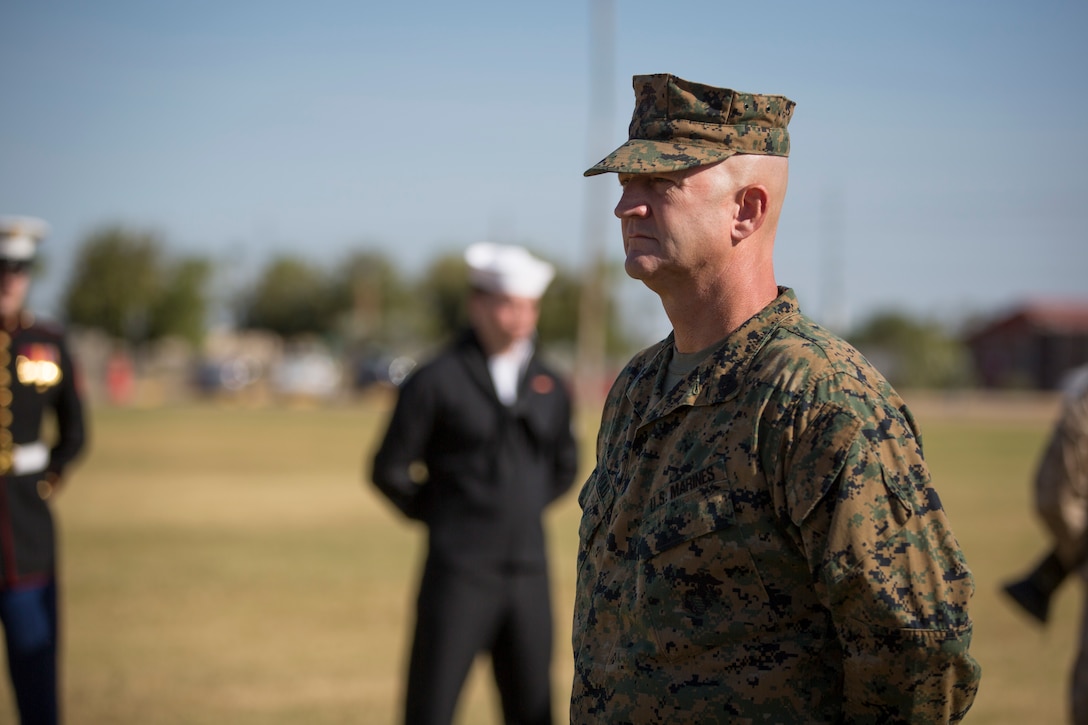 U.S. Marine Corps Sgt. Maj. David M. Leikwold, sergeant major, Marine Corps Air Station Yuma, participates in the 243rd Marine Corps birthday uniform pageant at the Parade Deck on Marine Corps Air Station Yuma, Ariz., Nov. 8, 2018. The annual ceremony was held in honor of the 243rd Marine Corps birthday, showcasing historical uniforms to honor Marines of the past, present and future while signifying the passing of traditions from one generation to the next. (U.S. Marine Corps photo by Sgt. Allison Lotz)