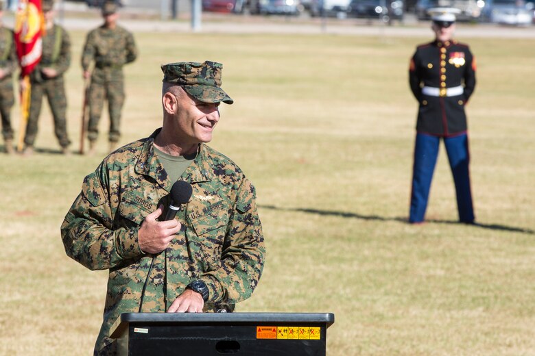 U.S. Marine Corps Col. David A. Suggs, commanding officer, Marine Corps Air Station Yuma, gives remarks during the 243rd Marine Corps birthday uniform pageant at the Parade Deck on Marine Corps Air Station Yuma, Ariz., Nov. 8, 2018. The annual ceremony was held in honor of the 243rd Marine Corps birthday, showcasing historical uniforms to honor Marines of the past, present and future while signifying the passing of traditions from one generation to the next. (U.S. Marine Corps photo by Sgt. Allison Lotz)