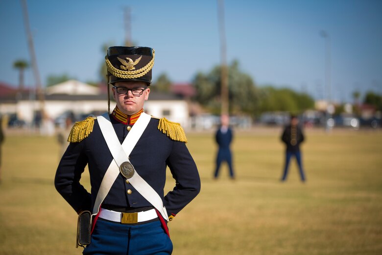 A U.S. Marine with Headquarters and Headquarters Squadron, Marine Corps Air Station Yuma, participates in the 243rd Marine Corps birthday uniform pageant at the Parade Deck on Marine Corps Air Station Yuma, Ariz., Nov. 8, 2018. The annual ceremony was held in honor of the 243rd Marine Corps birthday, showcasing historical uniforms to honor Marines of the past, present and future while signifying the passing of traditions from one generation to the next. (U.S. Marine Corps photo by Sgt. Allison Lotz)