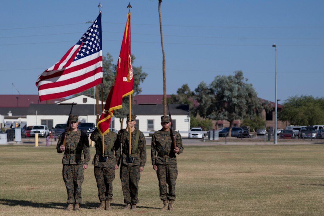 U.S. Marines with Headquarters and Headquarters Squadron, Marine Corps Air Station Yuma, participate in the 243rd Marine Corps birthday uniform pageant at the Parade Deck on Marine Corps Air Station Yuma, Ariz., Nov. 8, 2018. The annual ceremony was held in honor of the 243rd Marine Corps birthday, showcasing historical uniforms to honor Marines of the past, present and future while signifying the passing of traditions from one generation to the next. (U.S. Marine Corps photo by Lance Cpl. Joel Soriano)