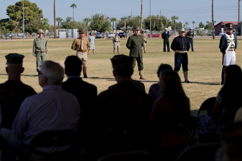 U.S. Marines with Headquarters and Headquarters Squadron, Marine Corps Air Station Yuma, participate in the 243rd Marine Corps birthday uniform pageant at the Parade Deck on Marine Corps Air Station Yuma, Ariz., Nov. 8, 2018. The annual ceremony was held in honor of the 243rd Marine Corps birthday, showcasing historical uniforms to honor Marines of the past, present and future while signifying the passing of traditions from one generation to the next. (U.S. Marine Corps photo by Lance Cpl. Joel Soriano)