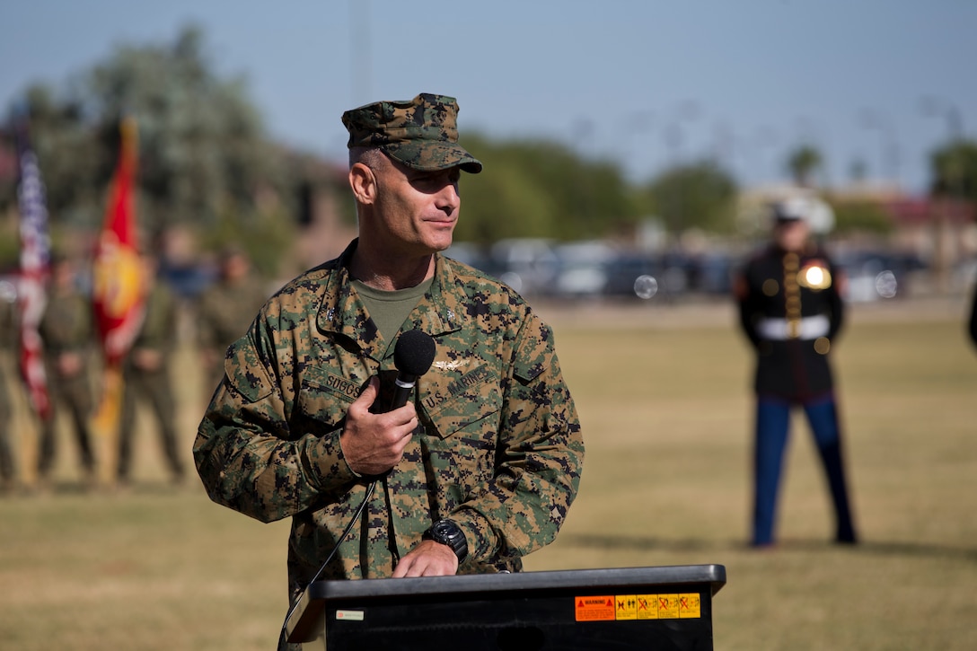 U.S. Marine Corps Col. David A. Suggs, commanding officer, Marine Corps Air Station Yuma, addresses the audience in the 243rd Marine Corps birthday uniform pageant at the Parade Deck on Marine Corps Air Station Yuma, Ariz., Nov. 8, 2018. The annual ceremony was held in honor of the 243rd Marine Corps birthday, showcasing historical uniforms to honor Marines of the past, present and future while signifying the passing of traditions from one generation to the next. (U.S. Marine Corps photo by Lance Cpl. Joel Soriano)