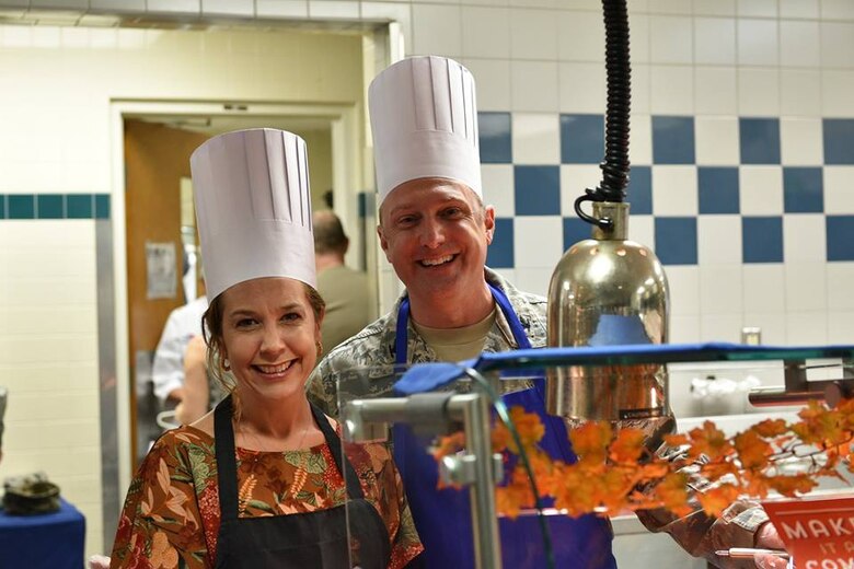 Col. Thomas Ste. Marie, 45th Space Wing vice commander, and his wife Gen, help serve the base community at the Patrick Air Force Base Riverside Dining Facility, on Nov. 22, 2018. Airmen live by their core values, and the 45th SW leadership demonstrated Air Force core values by serving our community meals during the Thanksgiving holiday.