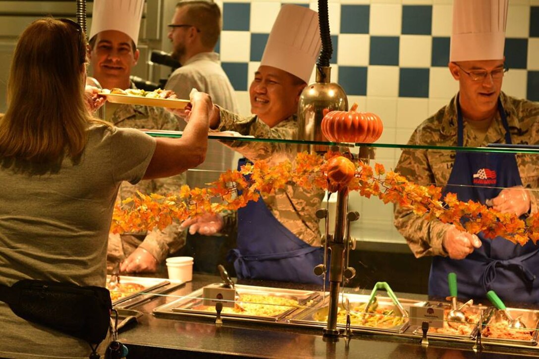 45th Space Wing leadership serve a Thanksgiving meal at Patrick Air Force Base Riverside Dining Facility on Nov. 22, 2018. Airmen live by their core values, and the 45th SW leadership demonstrated Air Force core values by serving our community meals during the Thanksgiving holiday.